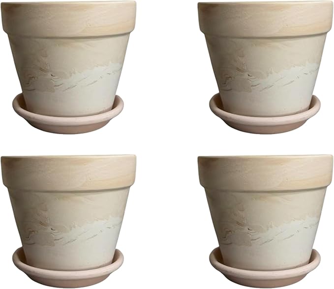 Claybourne 6" Terracotta Pots Set of 4 with Saucers - Macchiato Two-Tone Hand-Swirled Unglazed Clay Planters, Breathable Drainage Holes for Indoor Outdoor Succulents