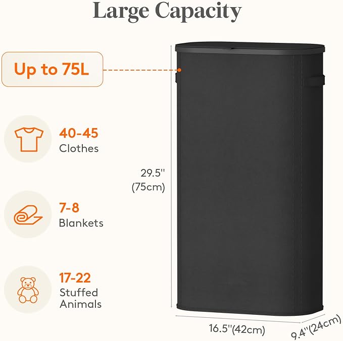 Lifewit Slim Laundry Basket with Lid and Removable Bag, 75L, Black | Collapsible Narrow Laundry Hamper, Skinny Washing Basket with Plastic Frame, Dirty Clothes Organiser for Laundry, RV, Dorm
