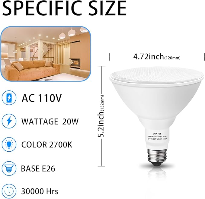 PAR38 LED Outdoor Flood Light Bulbs 4 Pack，Dimmable 20W(200W Equivalent) E26 Base Flood Light Bulbs,2700K Soft White 1800 Lumens LED Flood Light for Outdoor Garden,Garage,Yards