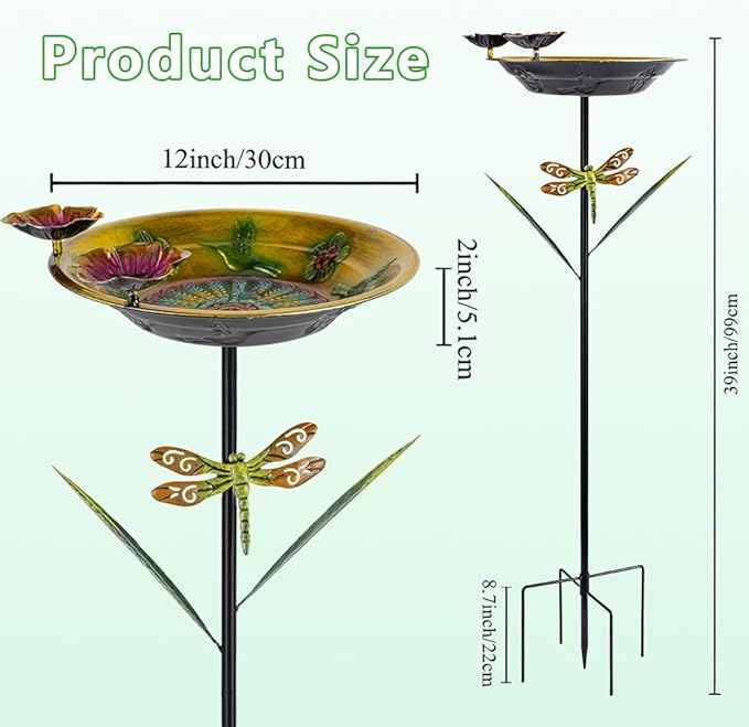 DREAMSOUL 39" Tall Bird Bath with Dragonfly Stake, Metal Birdbath with Flower Feeders, Freestanding Bird Bath for Outside Garden Yard Patio