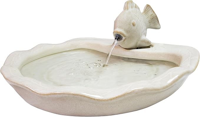 Sunnydaze Glazed Ceramic Fish 7-Inch Outdoor Garden Fountain - Outdoor Tabletop Fountain for Patio, Deck, Garden - White