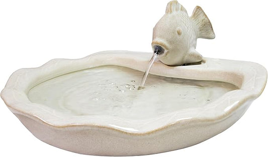 Sunnydaze Glazed Ceramic Fish 7-Inch Outdoor Garden Fountain - Outdoor Tabletop Fountain for Patio, Deck, Garden - White
