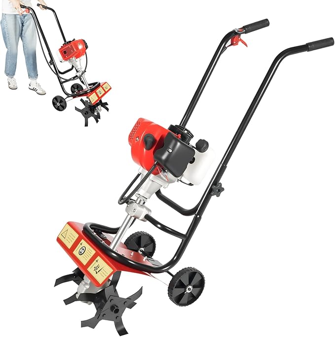 52CC 2 Stroke Tiller Cultivator, 1900W Garden Mini Tiller Rototiller Gas Powered Rotary Cultivator Hand Push Single-Cylinder Rototiller Garden Tool w/0.2GAL Fuel Tank for Soil Weeding (Hand Push)