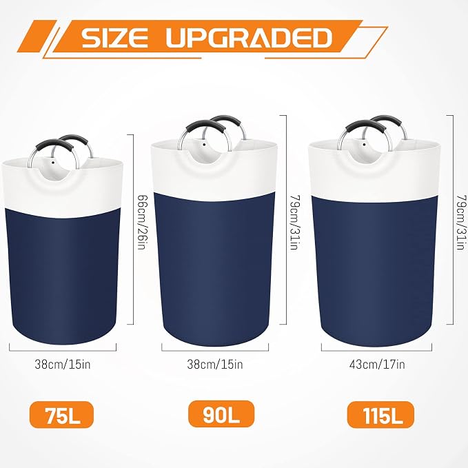 BlissTotes 115L Laundry Basket, Freestanding Collapsible Hamper, Blue | Collapsible Dirty Clothes Hamper, Foldable Laundry Bag for Dorm, Waterproof Fabric, Padded Aluminum Handles