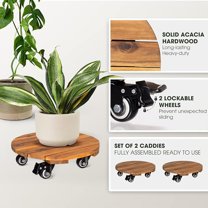 2pack 12inches Wood Plant Caddy with Wheels Heavy Duty, 264 Lbs Capacity, Acacia Hardwood Plant Dolly, Plant Stand with 360° Lockable Wheels for Plant Pots, Heavy Objects Hauling - Natural Wood