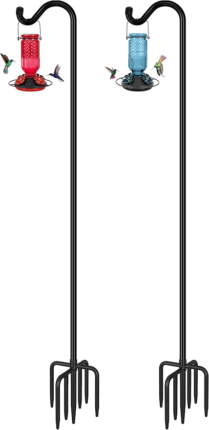 FEED GARDEN Adjustable Shepherd Hook Bird Feeder Pole with 7 Prongs Base, 108 Inch Tall 5/8 Inch Thick, Heavy Duty Outdoor Garden Poles for Hanging Bird Feeders, Plant Baskets, Black (2 Pack)