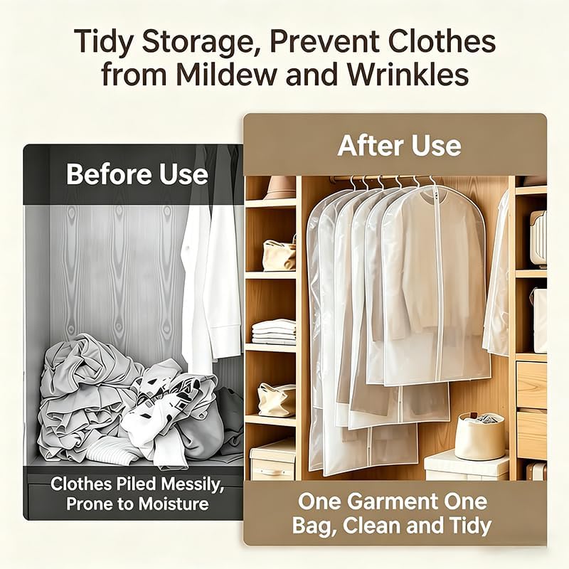 Clear Garment Bags 24x71 Inch, 5 Pack Waterproof Dustproof Full Zipper Hanging Clothes Covers, Foldable Moisture Proof Visible Suit Storage Bags For Suits Coats Costume Home Closet Travel