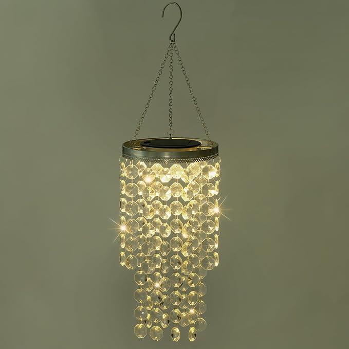 Hanging Solar Lantern Outdoor, 2 Tiers 21” Solar Transparent Acrylic Beaded Chandelier with Warm White LED S Hooks for Garden Yard Patio Gazebo Outside Decor