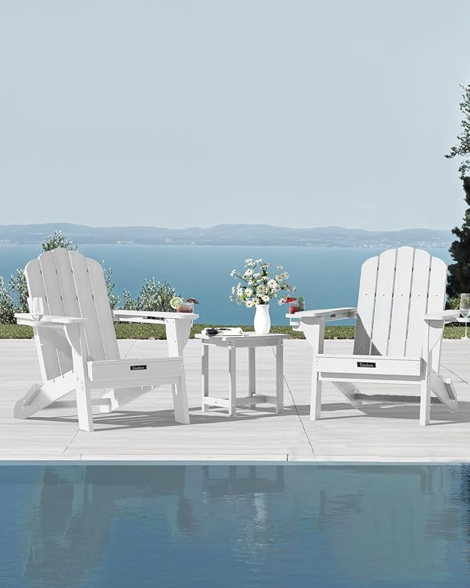 Adirondack Chairs Set of 2, Wood Texture Fire Pit Chairs, Plastic Adirondack Chairs with 2 Cup Holder, Outdoor Lawn Chair for Patio Garden, White