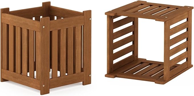 Furinno TIOMAN Planter Box Set of 2, Hardwood Flower Box, Cube Garden Box, in Teak Oil, Outdoor Indoor, Garden, Patio, Balcony, Light Wood