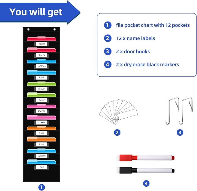REGELETO 12 Pockets File Storage Pocket Chart with 12 Nametag Pockets,Hanging Wall File Organizer for Classroom and Office, Organize Your Assignments, Files, Scrapbooks, Paper (Black) (Pack of 2)