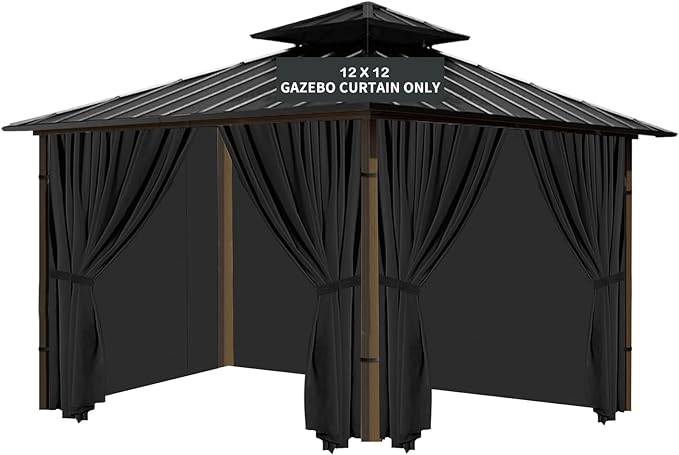 Gazebo Universal Replacement Privacy Curtain, 12'X12' Gazebo Curtains Outdoor Waterproof, 4-Panels Sidewall with Zipper for Patio, Garden and Backyard (Only Curtains, 12'X12', Black)