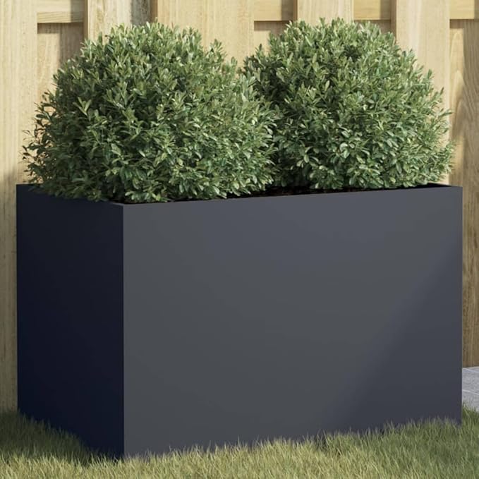 Anthracite Steel Planter with Decorative Inlays, Modern Matte Finish Cold-Rolled Steel Planter for Patio and Garden, Dimensions 24.4 x 15.7 x 15.4 Inches