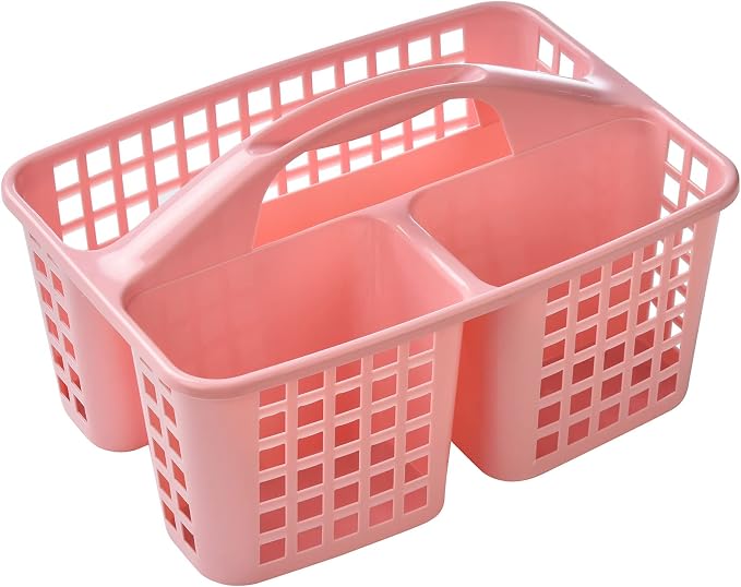 ALINK Plastic Shower Caddy Basket with Compartments, Portable Divided Cleaning Supply Storage Organizer with Handle for College Dorm Bathroom - Pink