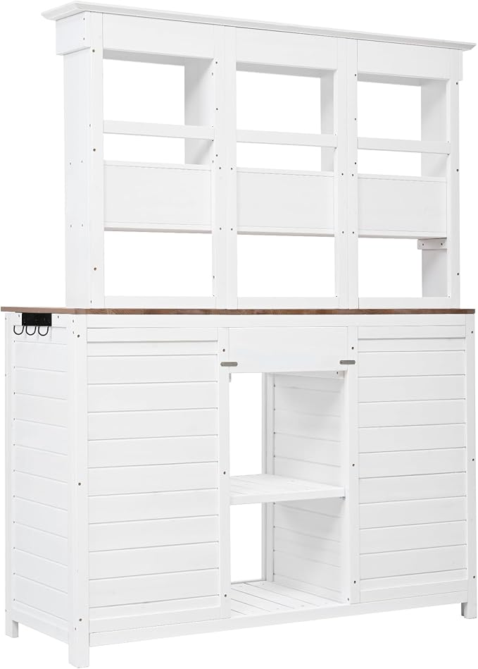 RUNNA 65.7'' H Tall Garden Potting Bench Table with Hutch,Patio Storage Workstation with 3 Shelves,6 Drawers,2 Bottom Cabinets&Side Hooks for Mudroom,Doorway (White@024, 65.7)