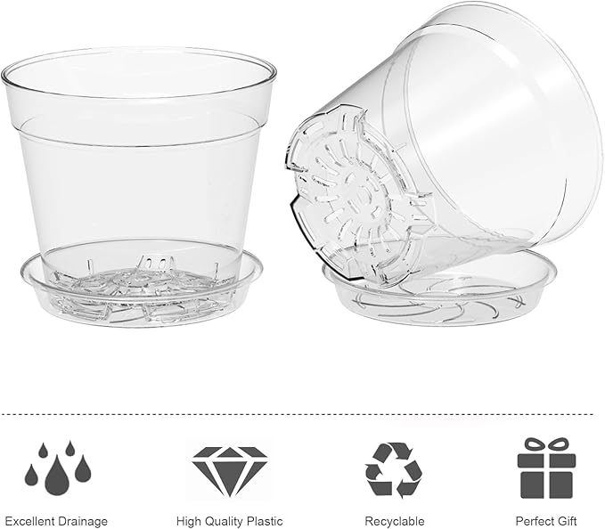 WSMKSZ 4 Inch Clear Nursery Pots, 8 Pack Highly Transparent Plant Pots for Small Indoor Plants with Drainage Holes and Trays, Plastic Seedling Starter Planters for Flowers