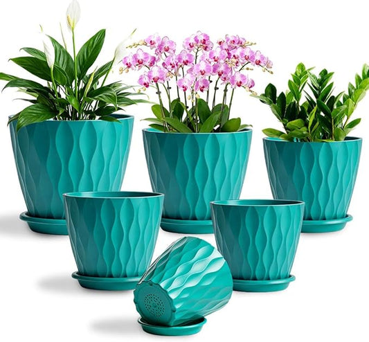 Plant Pots, Self Watering Planters with Drainage Holes and Trays, Flower Pots for Indoor Outdoor - 6 Pack(4/5/6/6.5/7/8 Inch) (Dark Green)