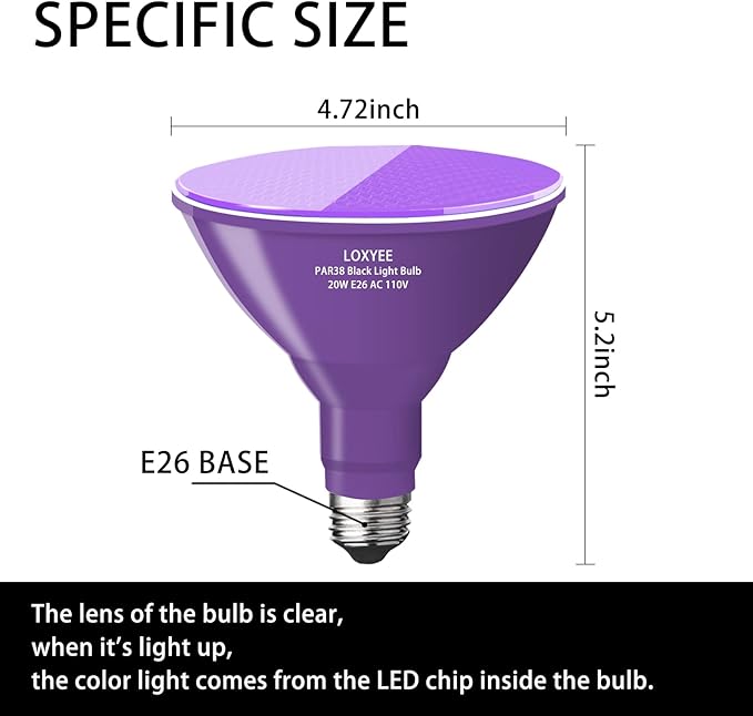 PAR38 Halloween LED Black Light Bulbs 2 Pack,E26 Base 20W(200W Equivalent) Black Light UVA Level 385-400nm, Glow in The Dark for Blacklight Party,Fluorescent Poster,Neon Glow,Body Paint