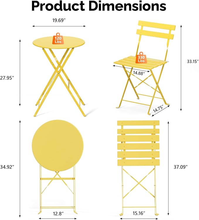 VINGLI Outdoor Folding Bistro Table and Chairs Set of 2, 3-Piece Bistro Set with Premium Steel Frame for Patio, Balcony, Garden, Porch, Yard, Yellow