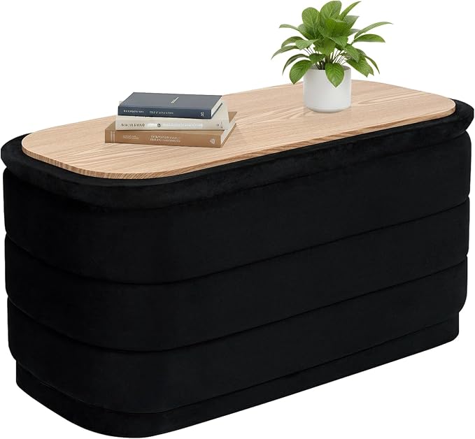 B FSOBEIIALEO 30" Velvet Storage Ottoman Long Bench with Tray, Black | Folding Ottoman with Storage, Coffee Table Shoes Storage Bench for Bedroom, Living Room
