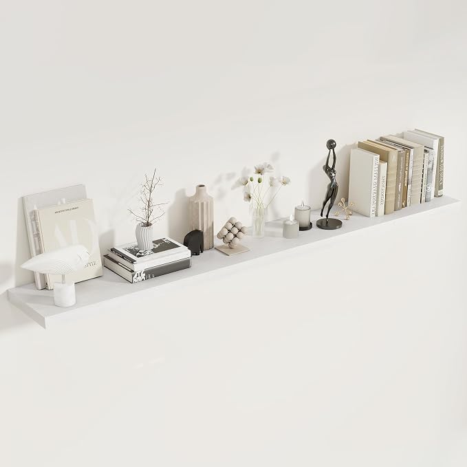 Fun Memories 72 Inch Floating Shelves for Wall, 8 Inch Deep Floating Shelf, Large Shelves with Invisible Bracket for Books|Storage, Rustic Wood Wall Shelf for Bedroom, Kitchen, Living Room, White