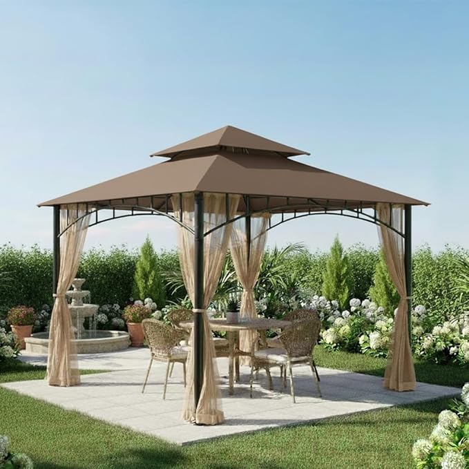 Garden Winds Reinforced RipLock 350 Replacement Canopy Top Cover Compatible with Madaga 10’ x 10’ Gazebo Models L-GZ136PST, L-GZ136PST-7, L-GZ136PST-2 - Nutmeg