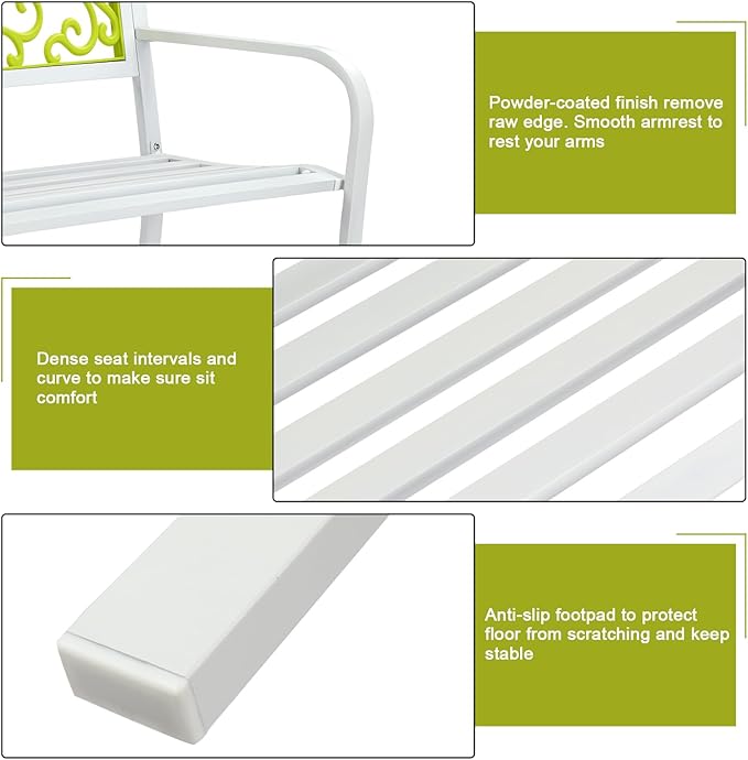 Outvita Outdoor Bench, 50" Metal Frame Garden Bench Patio Porch Furniture with Plastic Floral Design Backrest Powder-Coated Chair Yard Entryway Deck Furniture(White & Yellow)