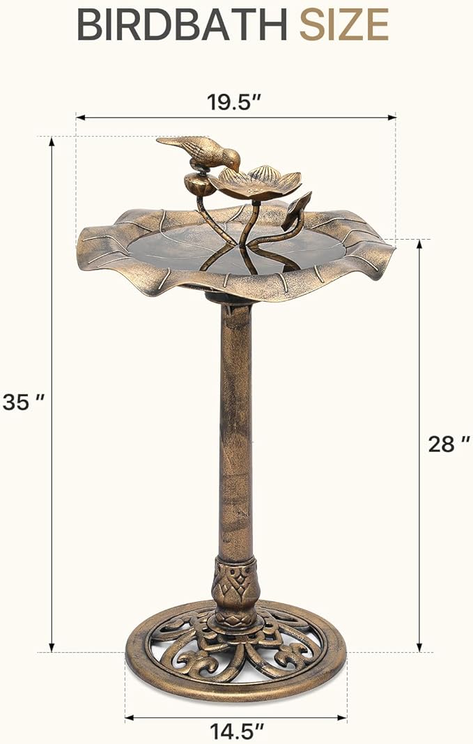 Athena Collection 35'' Outdoor Bird Bath, Vintage Pedestal Birdbath with 2-Tier Fountain Bowl, 5l Polypropylene Bird Bath with Lotus Accents, Garden Patio Yard Lawn Decor for Attracting Birds, Bronze