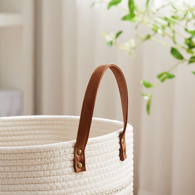 VIPOSCO 58L Tall Woven Rope Laundry Hamper, Leather Handles, Brown & White | Large Wicker Laundry Basket for Dirty Clothes, Blanket, Toy, Towel, Yoga Mat, Storage Bin in Bedroom, Bathroom, Living Room