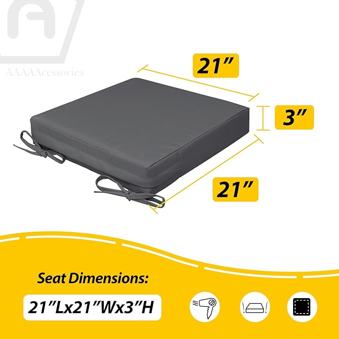 AAAAAcessories Outdoor Seat Cushions for Chairs, Waterproof, Fade-Resistant, 21" x 21" x 3", Patio Furniture Replacement Cushions, Set of 2, Dark Gray