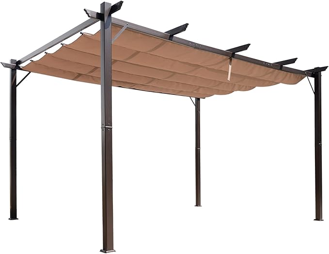 Outsunny 10' x 13' Aluminum Patio Pergola with Retractable Pergola Canopy, Backyard Shade Shelter for Porch, Outdoor Party, Garden, Grill Gazebo, Brown