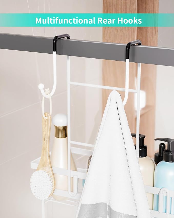 HapiRm Shower Caddy Over Door- Hanging Shower Organizer with 14 Hooks and Soap Holder, Rustproof & Waterproof Stainless Steel Bathroom Shelf - White