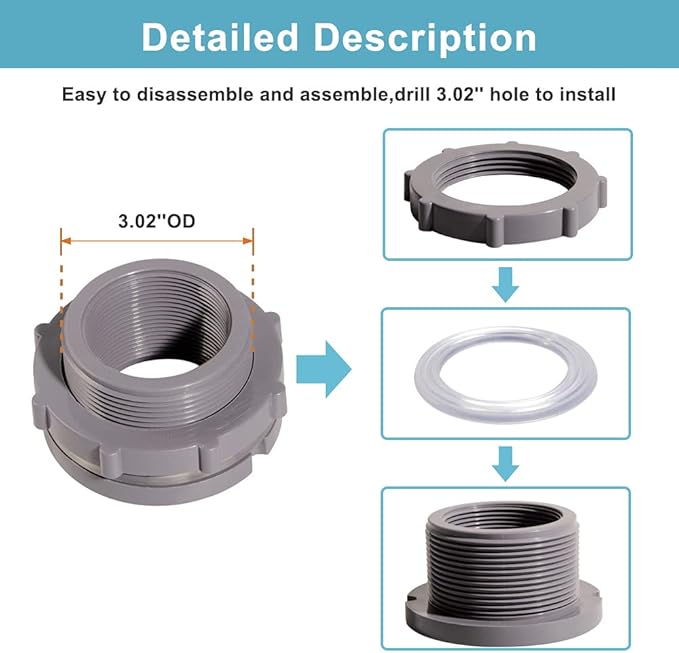 Ququyi 2 Inch PVC Bulkhead Water Tank Connector Adapter Fitting with Plugs Thru-Bulk Pipe Fitting for Rain Barrels, Aquariums, Ponds(Set of 1)