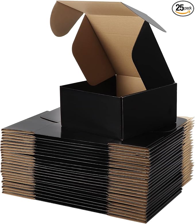 Hoikwo 25 Pack 8x8x4 Shipping Boxes for Small Business, Black Packaging Cardboard Boxes, Moving Mailing Packing Box