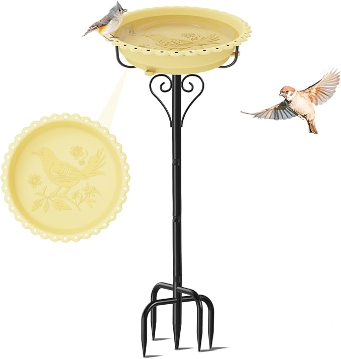 40In Bird Bath for Outside,Freestanding Birdbath & Birdfeeder with Metal Stake,Vintage Birdbaths Water Bowl with 5 Prongs Base for Outdoor Garden Yard Decor (Beige)