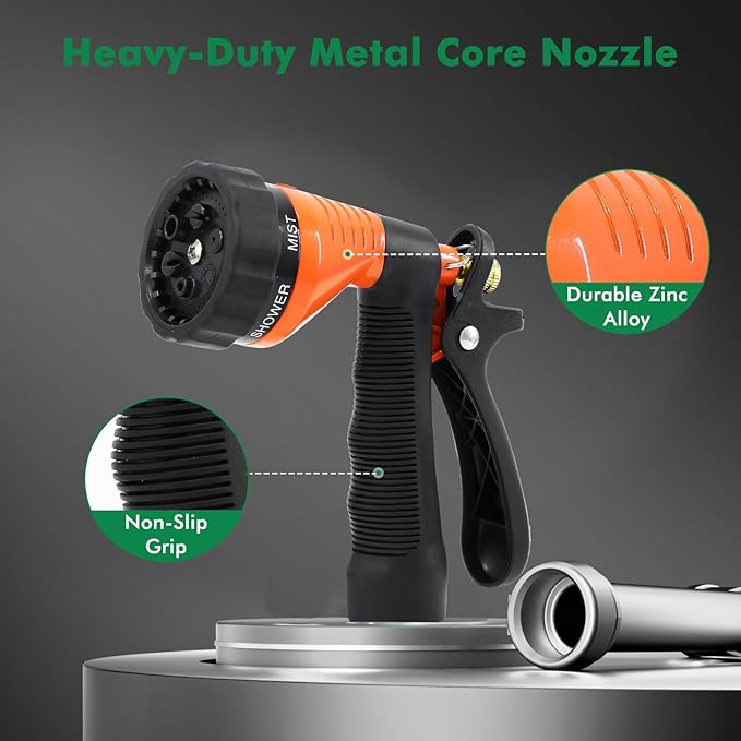 RESTMO Garden Hose Spray Nozzle, Water Hose Nozzle Heavy Duty, High Pressure Hand Sprayer with 6 Adjustable Watering Patterns, Slip Resistant for Watering Plants, Car Washing & Pet Showering, Orange
