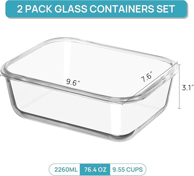 Vtopmart 2Pack 2260ml/76.4oz Extra Large Glass Storage Containers, Green