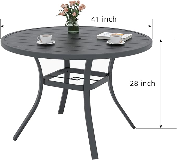 Anmutig 4 Person 41" Patio Round Table with Adjustable Umbrella Hole for Outdoor 3.4ft Black All Weather Metal Dining Table