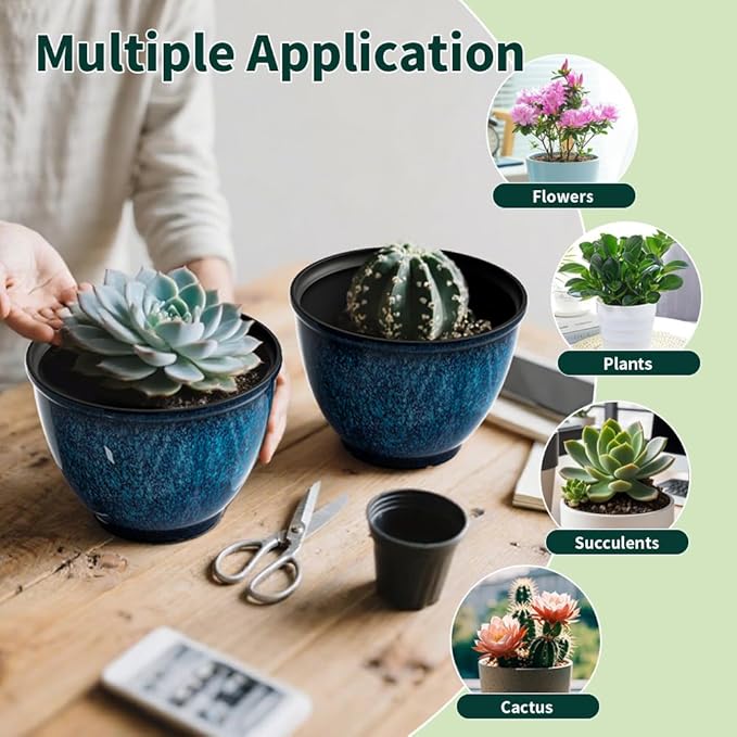 Vanslogreen 8 Inch Glazed Plastic Plant Pots, Set of 4 Planters with Drainage Holes - Indoor/Outdoor Flower Pots for Succulents, Herbs, Home Decor(Blue)