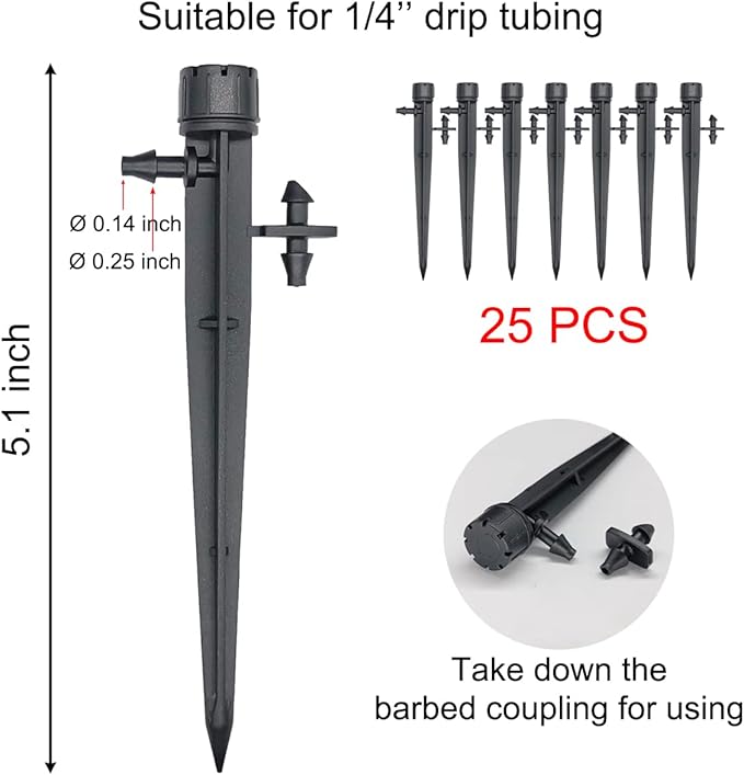Topiverse 25 Pcs Drip Irrigation Emitters, Adjustable Flow 0-18 GPH Irrigation Drippers with Stake, 360 Degree Flow Sprinkler Head, Micro Sprinkler for Garden Patio Lawn Flower Bed