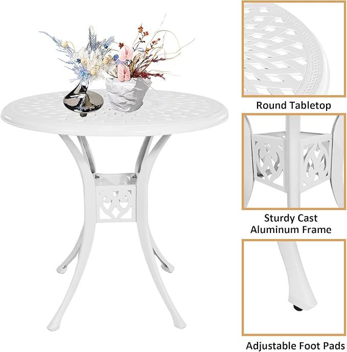 30.31" Patio Bistro Table with 2.36" Umbrella Hole, Cast Aluminum Outdoor Dinning Table for Garden Porch Backyard