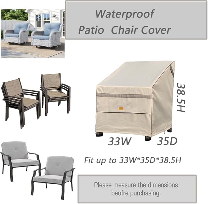 Patio Chair Cover Waterproof,Heavy Duty Outdoor Chair Covers, Beige Durable Patio Furniture Covers, 2 Pack, 33W*35W*38.5H inch