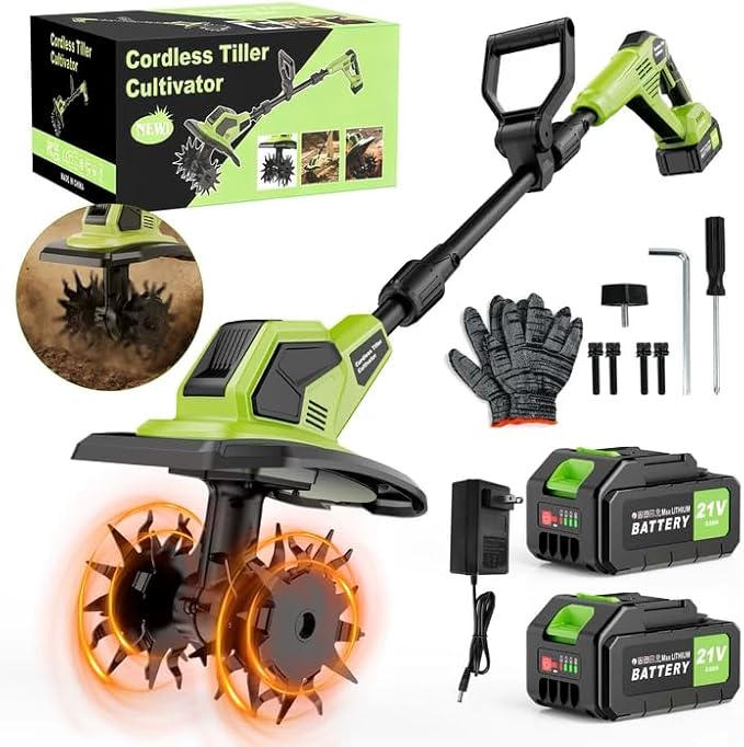 Cordless Tiller Cultivator, 21V Lightweight Tiller for Gardening with 2 * Batteries, Brushless Electric Tiller with 48 Steel Tines, 400RPM, 9.5" Tilling Width, 7" Depth for Gardening、Soil Turning
