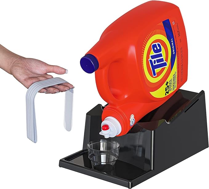 Liquid Laundry Detergent Holder Stand with Drip Tray - 1 Pack - Black | Easy Pouring, Rubber Feet, Secure Strap, Angled Stand, Fabric Softener Dispenser for Laundry Room Organization & Storage