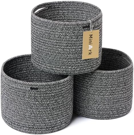MiniArk Small Basket for Organizing | Cube Shelf Closet Storage Baskets | 9.7×9.7×7.1” | Woven Rope Gift Basket | Nursery | Round 3 Packs Dark Gray
