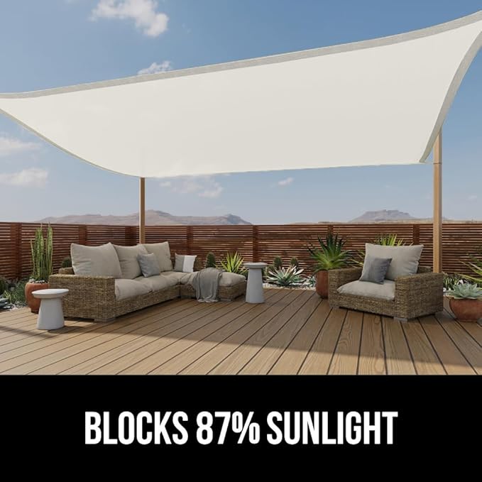 GORILLA GRIP Heavy Duty Sun Shade, UV Protection Fade Tear and Rust Resistant Rectangle Sunshade Canopy, Curved Edges Blocks Sunlight, Breathable Sail, Outdoor Patio, Lawn Garden 10x10 FT Butter Ivory