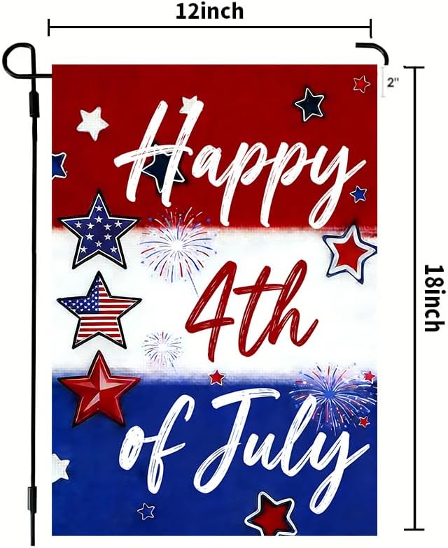 Happy 4th of July Fireworks Star Garden Flag 12x18 Double Sided, Small Burlap Holiday Independence Day Memorial Day Patriotic Yard Flags for Outside Fourth of July Decoration Outdoor Garden Décor