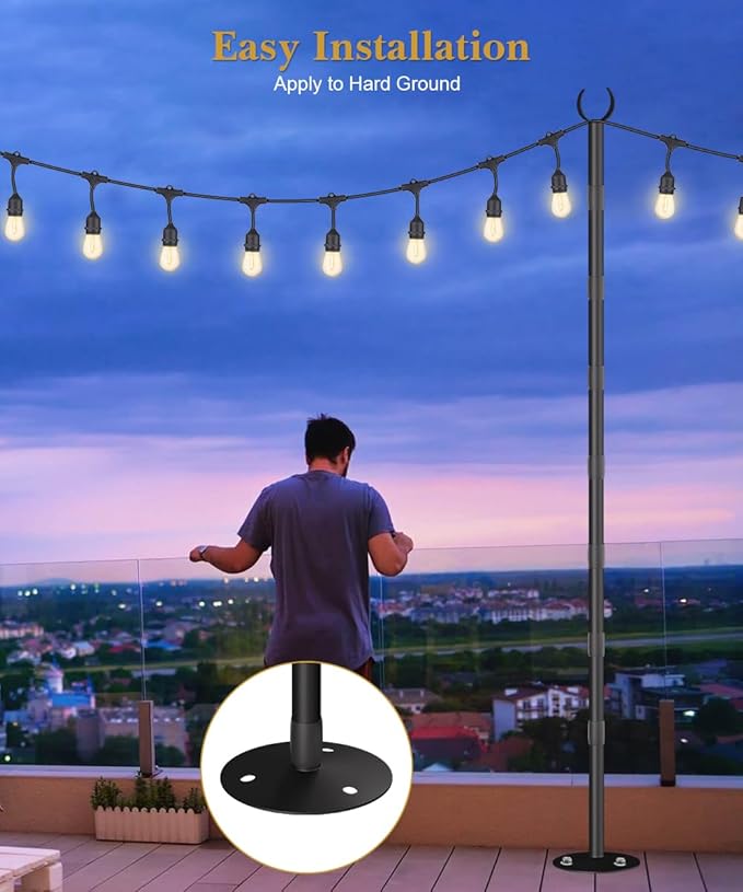 10Ft String Light Poles for Hard Surfaces, Outdoor Light Stand for Backyard, Garden & Patio Party Lighting, Heavy-Duty Metal Poles with Waterproof Finish, Rustproof & Adjustable, 2 Pack