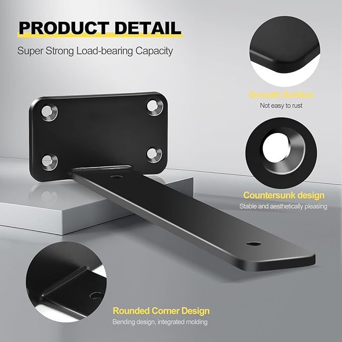 4 Pack - 5 inch Black Hidden L Shelf Bracket (1/5 Inch Thicked) Iron Floating Shelf Brackets Rustic Industrial Metal Brackets for Shelf Support
