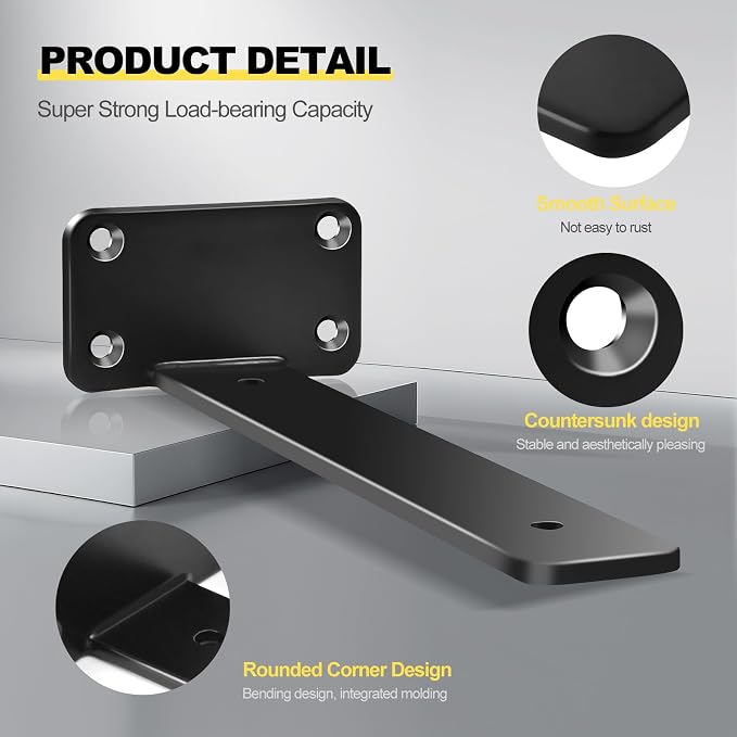 16 Pack - 9 inch Black Hidden L Shelf Bracket (1/5 Inch Thicked) Iron Floating Shelf Brackets Rustic Industrial Metal Brackets for Shelf Support